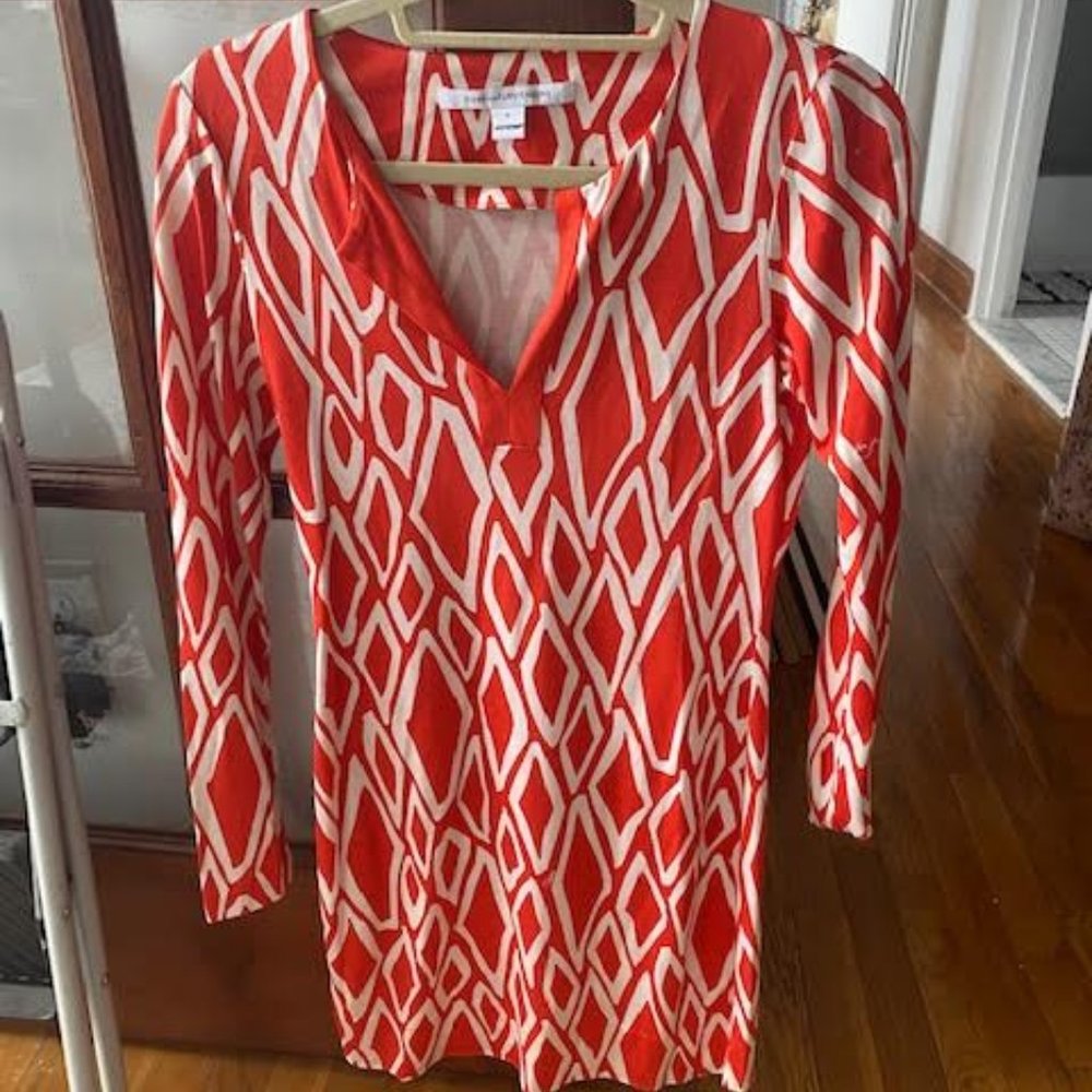 DVF Long Sleeve "Reina" Orange/White Chain Link Pattern Dress